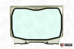 Moto Armor full glass windshield for Voodoo Riders Pro XP, Turbo R, and Pro R cages with DOT safety glass and billet mounting system.