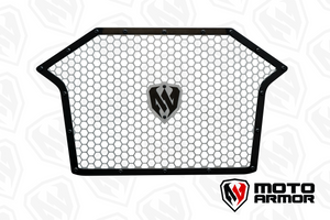 Moto Armor aluminum radiator grill for RZR Pro XP, Turbo R, and Pro R with honeycomb design and stainless hardware for airflow and protection.