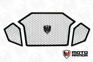 Moto Armor front grill set with honeycomb aluminum design for Polaris Turbo R and Pro R models, provides airflow protection and sleek styling.