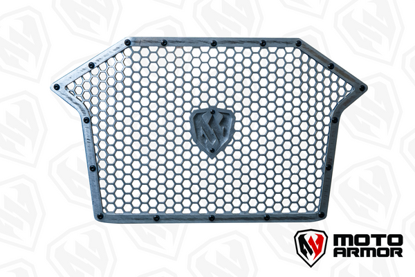 Moto Armor aluminum radiator grill for RZR Pro XP, Turbo R, and Pro R with honeycomb design and stainless hardware for airflow and protection.