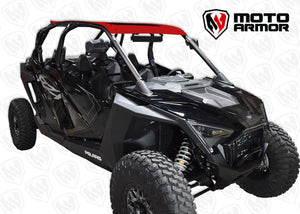 Red aluminum roof with dark tint sunroof for RZR PRO XP 4 and Turbo R 4, low-profile design, CNC machined for perfect fit