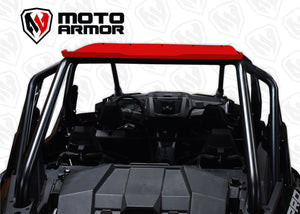 Red aluminum roof with dark tint sunroof for RZR PRO XP 4 and Turbo R 4, low-profile design, CNC machined for perfect fit