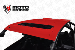 Red aluminum roof with dark tint sunroof for RZR PRO XP 4 and Turbo R 4, low-profile design, CNC machined for perfect fit