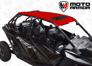 Red aluminum roof with dark tint sunroof for RZR PRO XP 4 and Turbo R 4, low-profile design, CNC machined for perfect fit