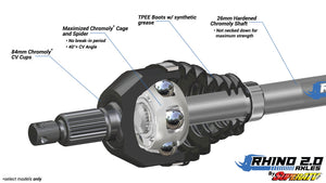 SuperATV Rhino 2.0 axle built from chromoly steel for extreme strength and durability on all terrains