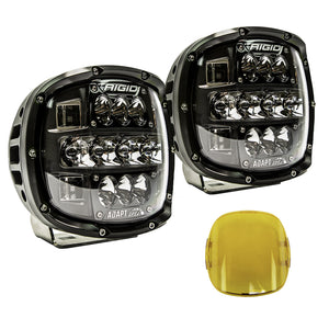Pair of Rigid Adapt XP LED lights with GPS beam adjustment, aluminum housing, and amber covers for extreme powersports applications