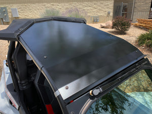 Black powder-coated aluminum roof with billet mounts and stainless steel bolts for Polaris RS1 models from 2018 to 2022