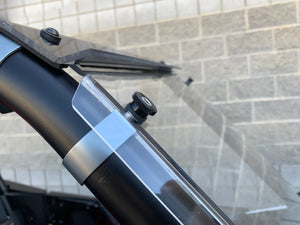 Hard-coated full polycarbonate windshield for Polaris RS1 with billet clamps and quick-release knobs