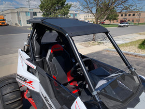Black hard plastic roof for Polaris RS1, CNC cut with billet mounts and black stainless hardware for 2018–2022 RS1 models