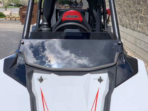 UTVZILLA clear polycarbonate half windshield for Polaris RS1 with billet mounts and quick-release knobs