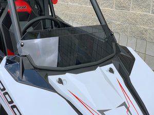 UTVZILLA clear polycarbonate half windshield for Polaris RS1 with billet mounts and quick-release knobs