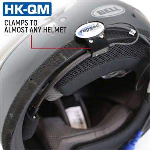 Billet aluminum Rugged Radios quick mount securing a helmet kit microphone boom and cable on the side of a helmet