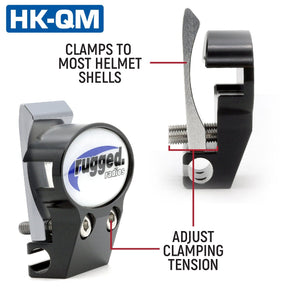 Close-up of the Rugged Radios quick mount clamp that relieves strain on the helmet kit cable during rides