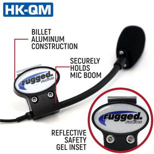 Rugged Radios helmet kit quick mount installed on a UTV helmet with the microphone boom positioned at the mouth