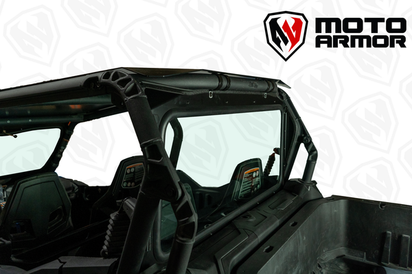 Moto Armor rear glass windshield for Can-Am Commander and Maverick Trail/Sport with aluminum frame, billet clamps, and wide visibility.