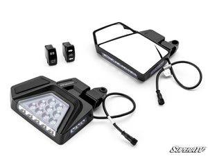 SuperATV split side-view UTV mirror with off-road LED pods and amber turn signal