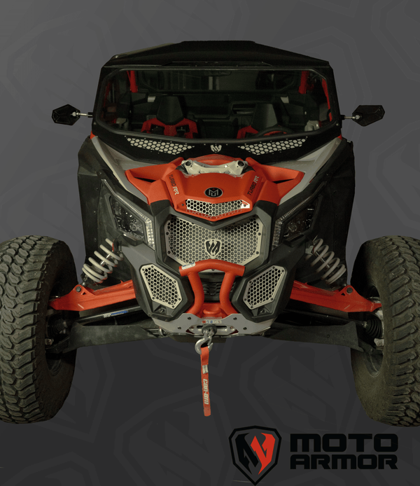 Moto Armor radiator grill set for 2017–2024 Can-Am Maverick X3 models, crafted from thick aluminum with honeycomb design for airflow and protection.