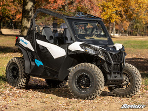 SuperATV glass windshield on a Can-Am Maverick, installed close-up
