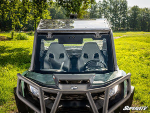 SuperATV MaxDrive power flip glass windshield on a Can-Am Commander, side view