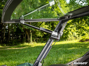 SuperATV MaxDrive power flip glass windshield on a Can-Am Commander, detail view