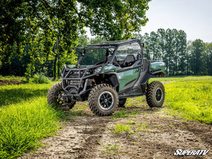SuperATV MaxDrive power flip glass windshield on a Can-Am Commander, mounted view