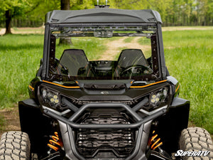 SuperATV MaxDrive power flip windshield on a Can-Am Commander, installed close-up