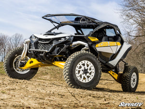 SuperATV flip windshield on a Can-Am Maverick R, angle view