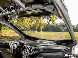 SuperATV glass windshield on a Can-Am Maverick R, mounted view