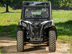 SuperATV flip down glass windshield on a Can-Am Maverick Sport, angle view