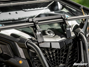 SuperATV flip down glass windshield on a Can-Am Maverick Sport, mounted view