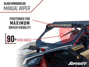SuperATV glass windshield on a Can-Am Maverick X3, wiper detail graphic