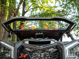 SuperATV MaxDrive Power Flip windshield on a Can-Am Maverick X3, angle view