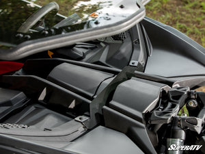 SuperATV MaxDrive Power Flip windshield on a Can-Am Maverick X3, installed close-up