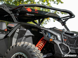 SuperATV MaxDrive Power Flip windshield on a Can-Am Maverick X3, cab view