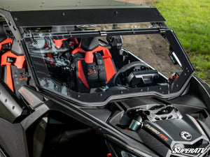 SuperATV MaxDrive Power Flip windshield on a Can-Am Maverick X3, mounted view