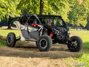 SuperATV MaxDrive Power Flip windshield on a Can-Am Maverick X3, edge detail