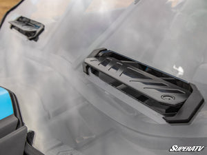 SuperATV vented full windshield on a Can-Am Maverick X3, installed close-up