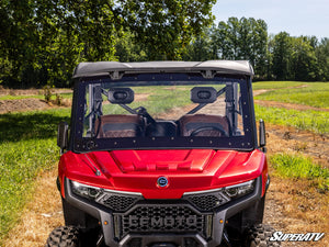 SuperATV MaxDrive power flip windshield on a CFMOTO U10 Pro, side view