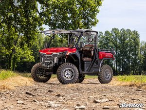 SuperATV MaxDrive power flip windshield on a CFMOTO U10 Pro, mounted view