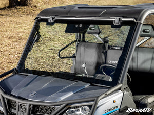 SuperATV MaxDrive power flip glass windshield on a CFMOTO UForce 1000, installed close-up