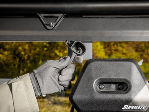 SuperATV rear glass windshield on a CFMOTO UForce 1000, mounted view