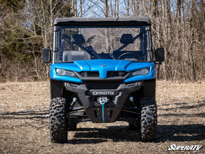 SuperATV scratch-resistant full windshield on a CFMOTO UForce 1000, installed close-up