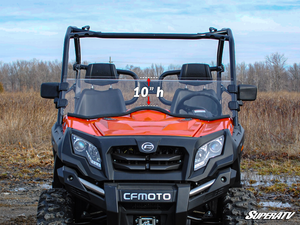 SuperATV half windshield on a CFMOTO UForce 800, feature detail graphic
