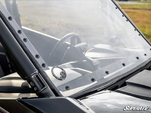 SuperATV flip windshield on a CFMOTO ZForce 800 Trail, hardware detail