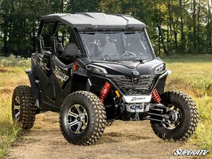 SuperATV flip windshield on a CFMOTO ZForce 950 Trail, angle view
