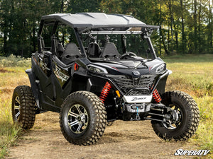 SuperATV flip windshield on a CFMOTO ZForce 950 Trail, installed close-up