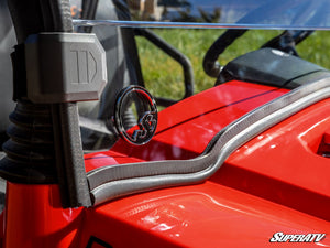 SuperATV scratch-resistant full windshield, clamp and hood close-up