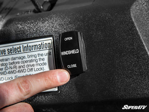 SuperATV MaxDrive power flip windshield on a Honda Pioneer 700, mounted view