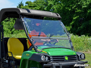 SuperATV flip windshield on a John Deere Gator, angle view