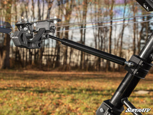 SuperATV flip windshield on a John Deere Gator XUV 590, mounted view